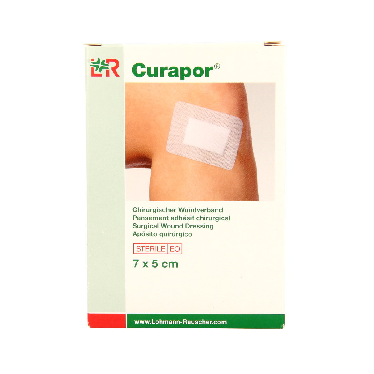 Sterile Curapor Wondpleister 7x5cm pack with 5 adhesive bandages for wound care and first aid.