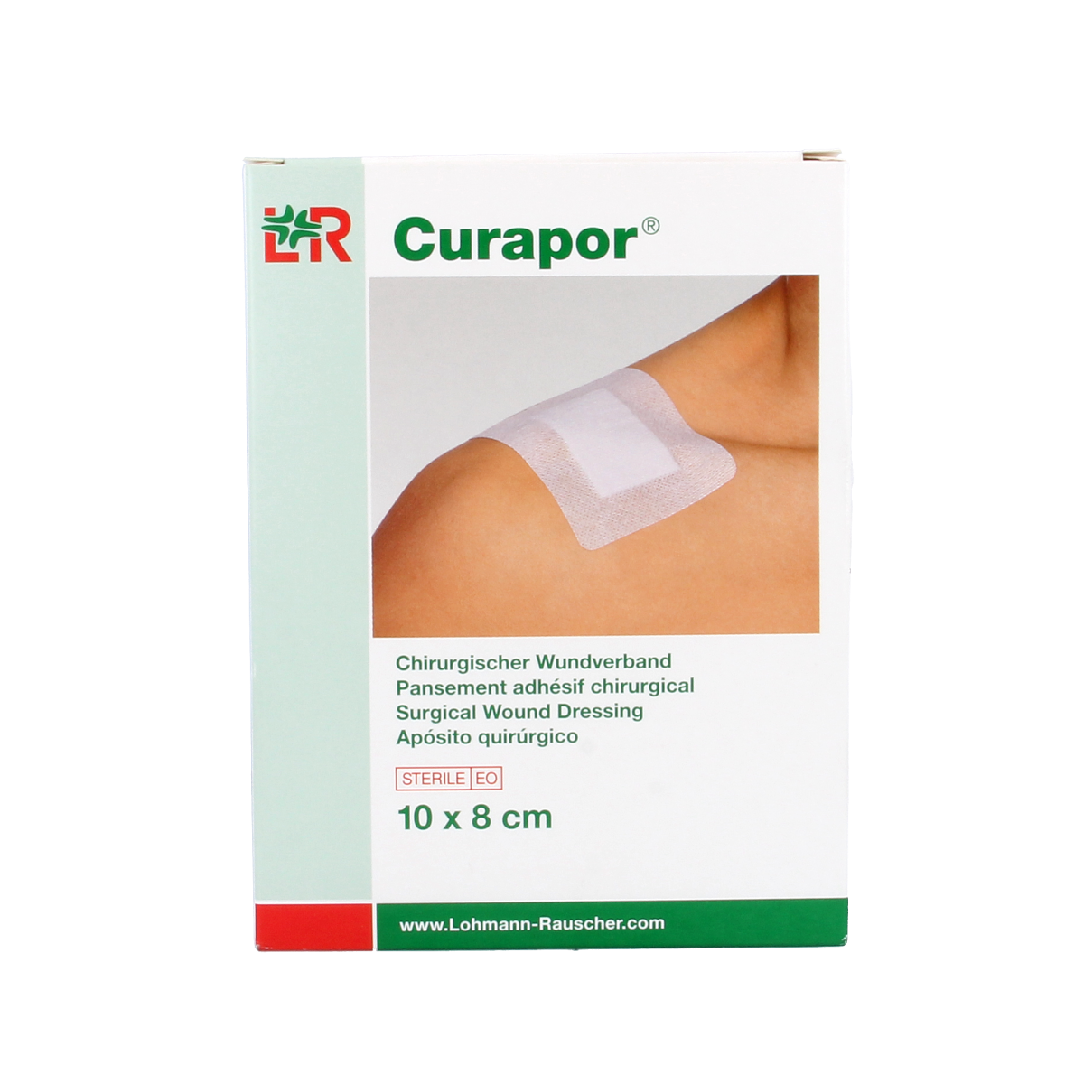Sterile Curapor Wondpleister 10x8cm pack with 5 sterile bandages, suitable for wound care and first aid.