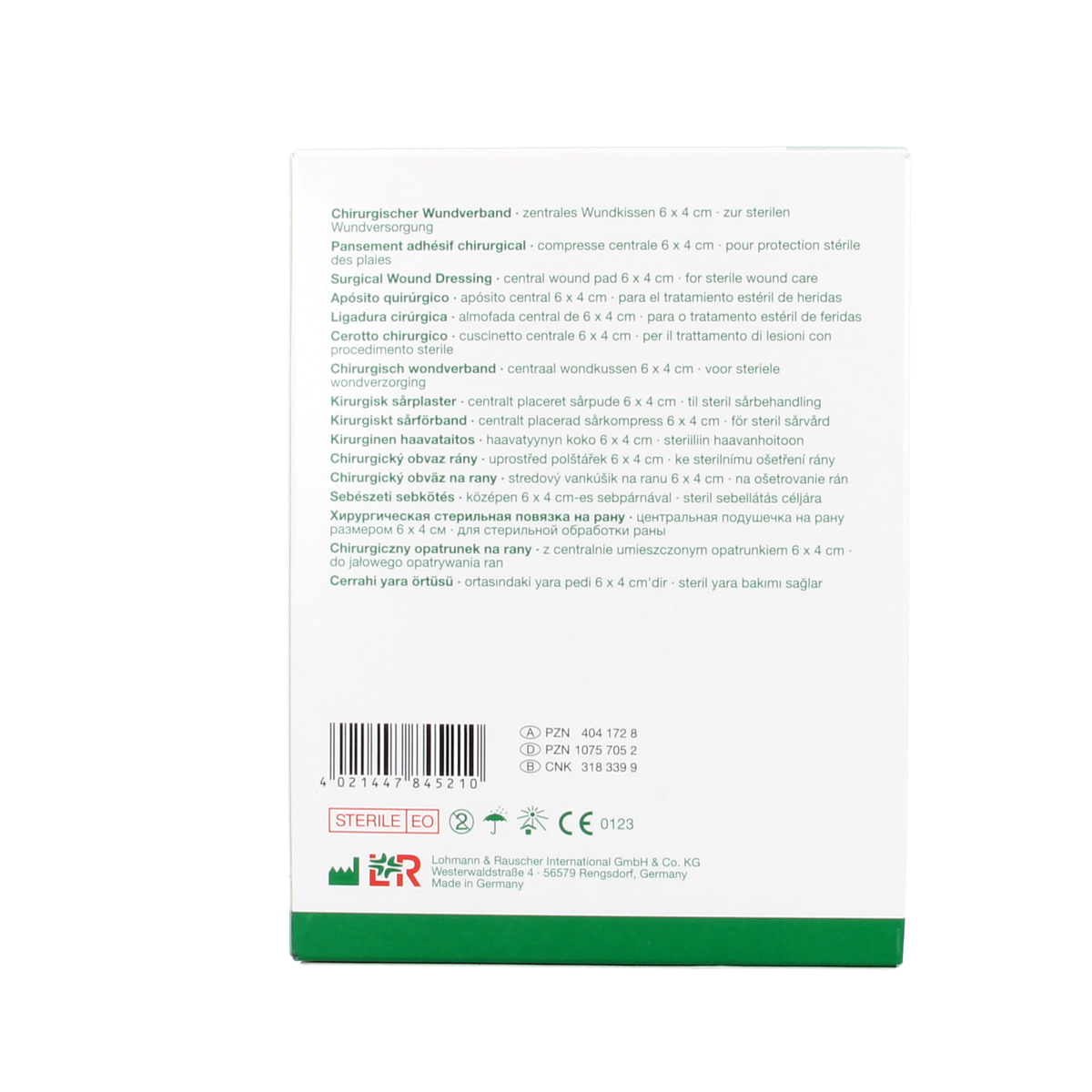 Sterile Curapor wound dressing patches, 10x8cm, shown in a box with five adhesive sterile bandages from Curapor.