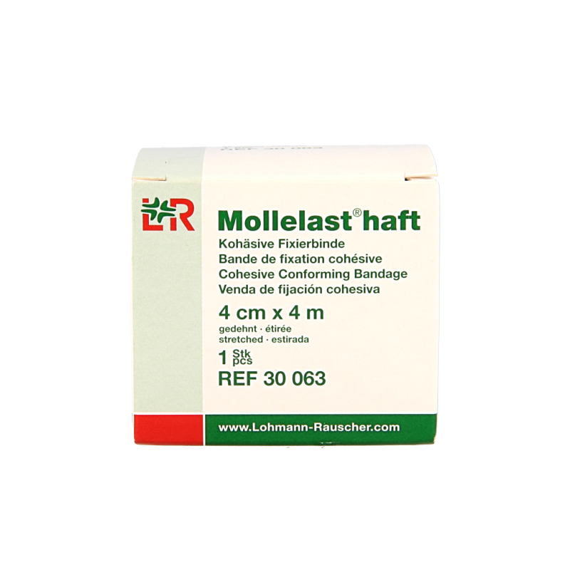 Mollelast Fixatiewindsel bandage roll, 4m x 4cm, for securing dressings and wounds, shown in the image.