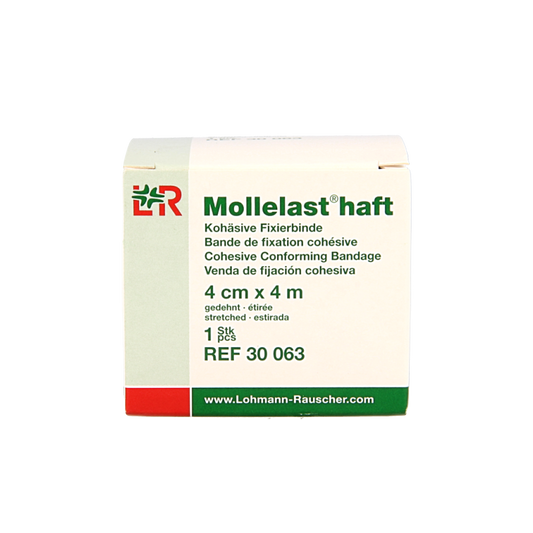 Mollelast Fixatiewindsel bandage roll, 4m x 4cm, for securing dressings and wounds, shown in the image.
