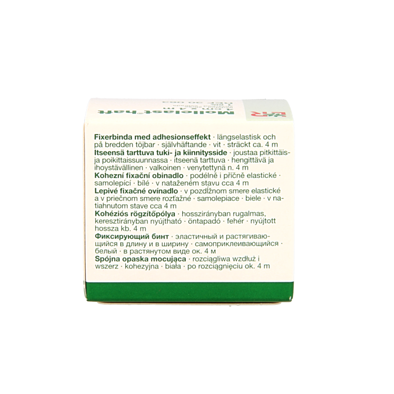 Mollelast Fixatiewindsel windsels, 4m x 4cm, flexible elastic band for medical support, shown in packaging with product details.