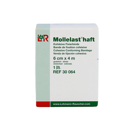 Mollelast Fixatiewindsel in 4m x 6cm size, elastic wound dressing bandage from Mollelast, shown in the image.