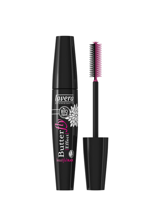 Lavera Butterfly Effect Black Bio mascara tube with wand, 11ml, showcasing the make-up product for natural, bold lashes.