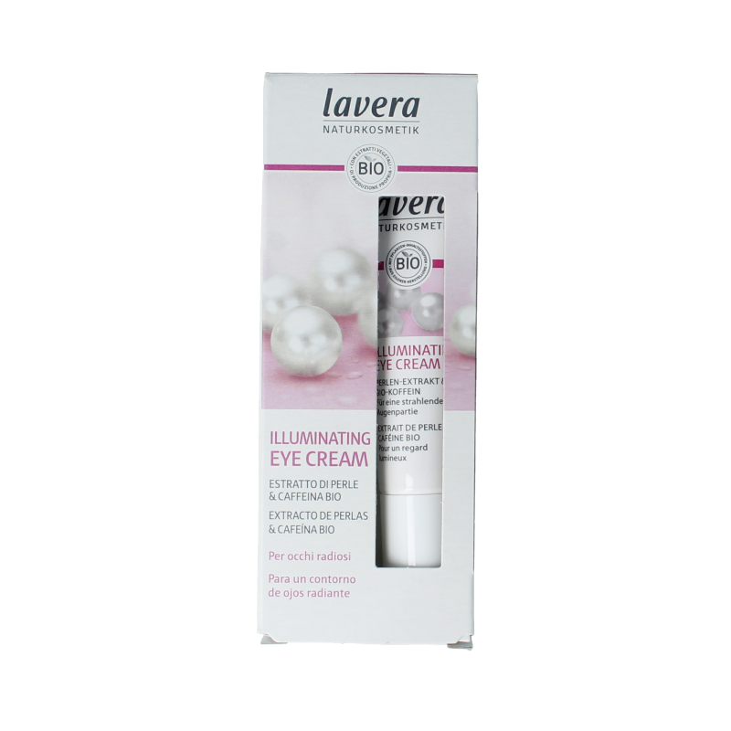 Lavera eye cream illuminating 15ml jar with a white and green packaging, designed for eye skin care and brightening.