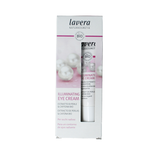 Lavera eye cream illuminating 15ml jar with a white and green packaging, designed for eye skin care and brightening.