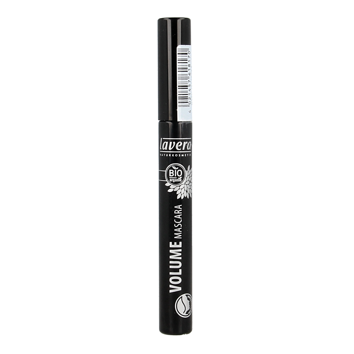 Lavera Volume Black Bio Mascara in 9ml, showcasing the mascara wand coated with rich black formula for bold lashes.