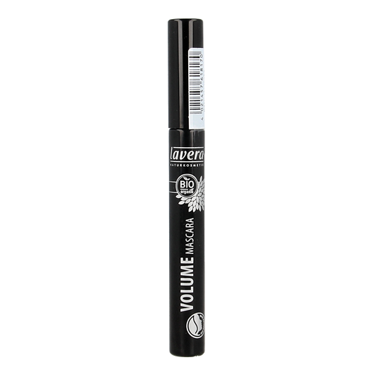 Lavera Volume Black Bio Mascara in 9ml, showcasing the mascara wand coated with rich black formula for bold lashes.