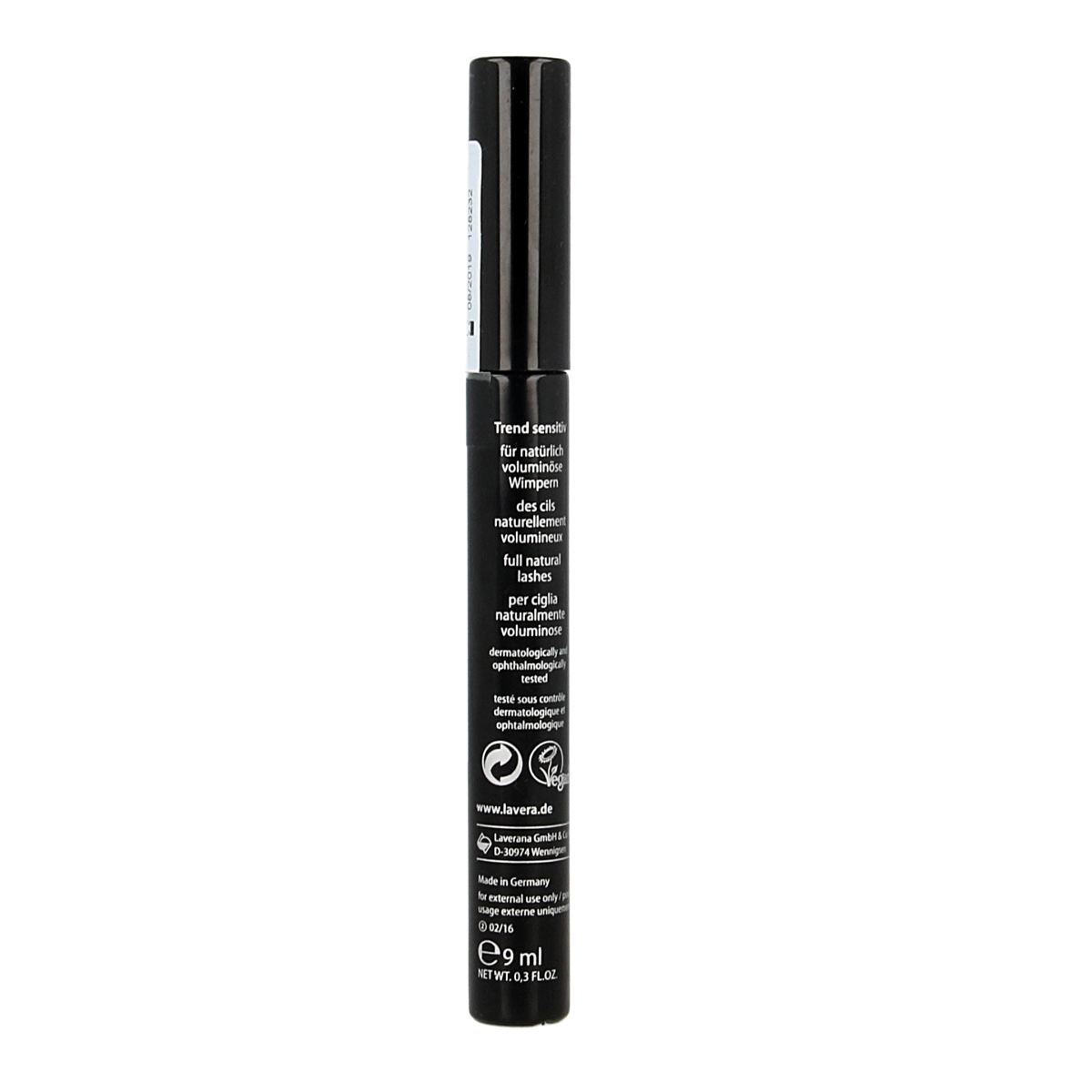 Lavera Volume Black Bio Mascara in 9ml tube, natural make-up product with dark black formula for enhancing lashes.