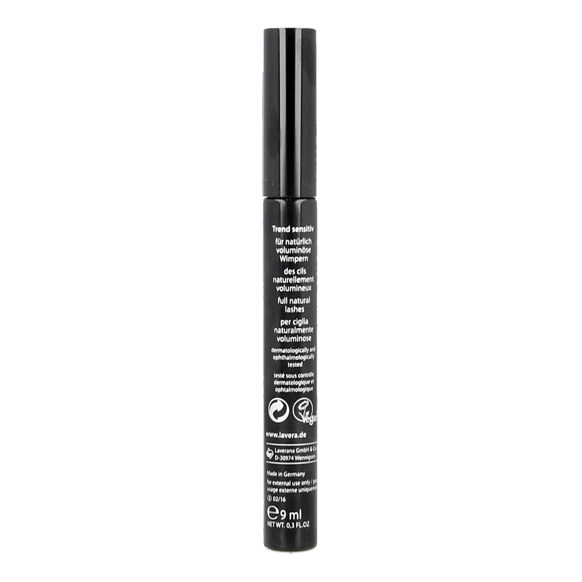 Lavera brown mascara in 9ml tube, volumizing make-up product with natural, bio ingredients, showcased in the image.
