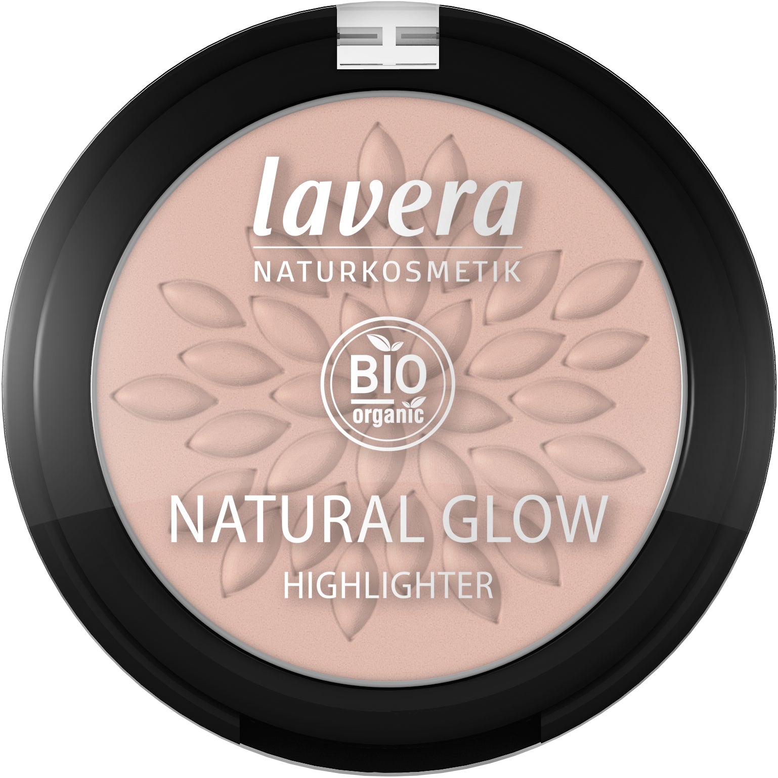 Lavera Natural Glow Highlighter Rosy Shine 01, makeup product in 4.5g, featuring a rosy luminous finish and natural glow effect