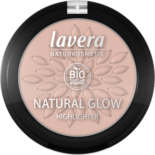 Lavera Natural Glow Highlighter Rosy Shine 01, makeup product in 4.5g, featuring a rosy luminous finish and natural glow effect