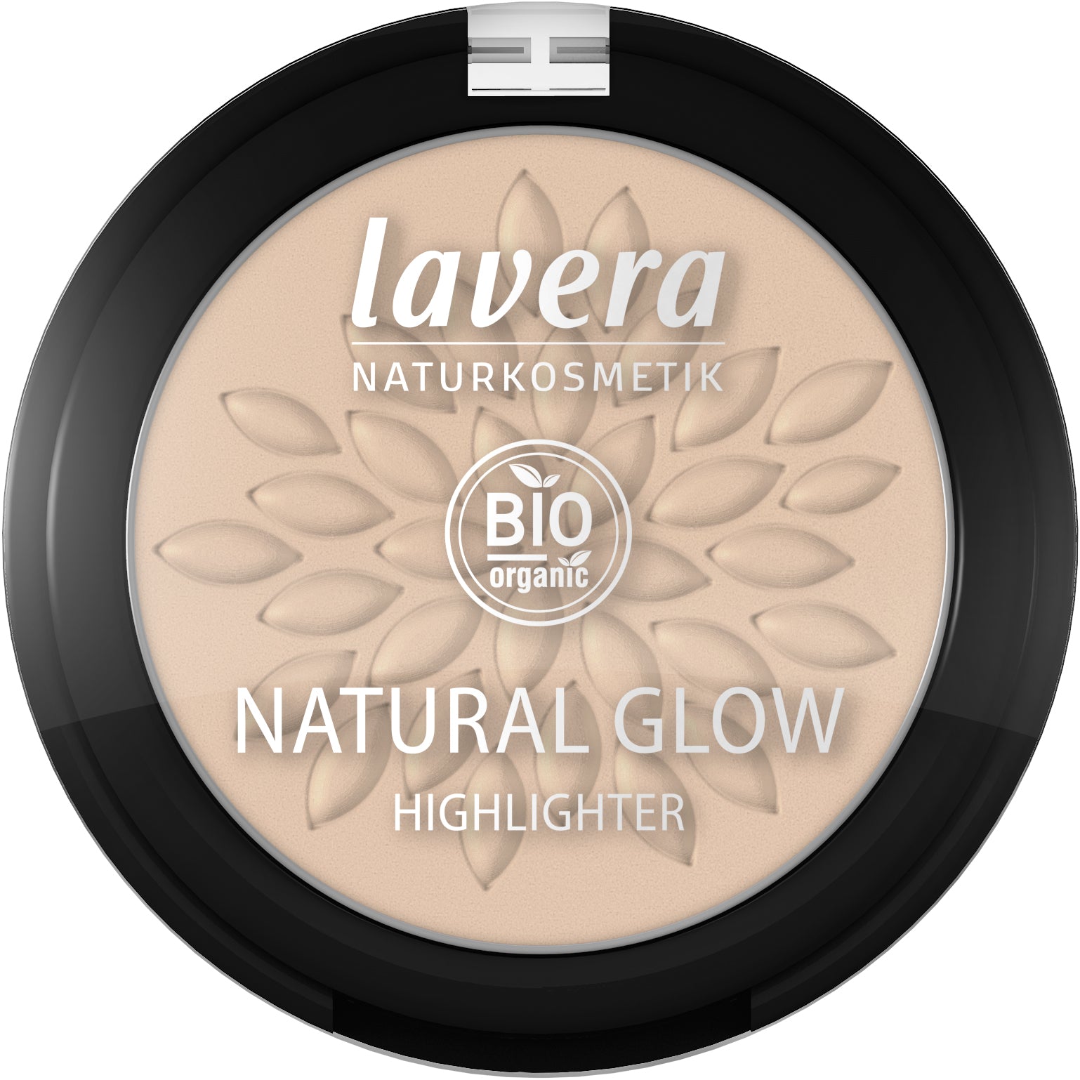 Lavera Natural Glow Highlighter in luminous gold 02, make-up product showing the compact with golden shimmer powder.