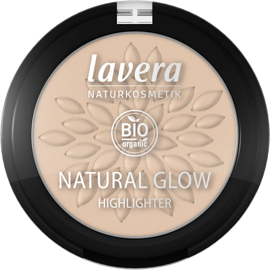 Lavera Natural Glow Highlighter in luminous gold 02, make-up product showing the compact with golden shimmer powder.