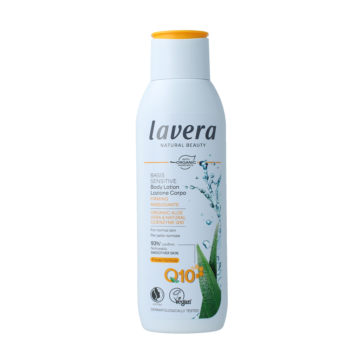 Lavera Basis Sensitiv firming body lotion in 250ml bottle, natural skincare for sensitive skin, bio ingredients.