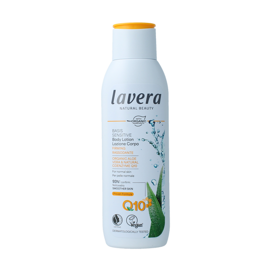 Lavera Basis Sensitiv firming body lotion in 250ml bottle, natural skincare for sensitive skin, bio ingredients.