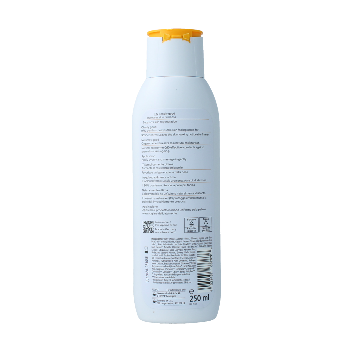 Lavera Basis Sensitiv bodylotion in a 250ml bottle, nourishing and firming bio body care product for sensitive skin.
