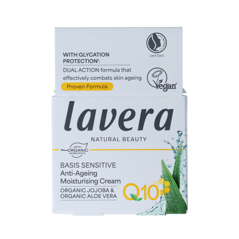 Lavera Basis Sensitive Q10 moisturising cream in a 50ml jar, suitable for facial skincare with natural ingredients.