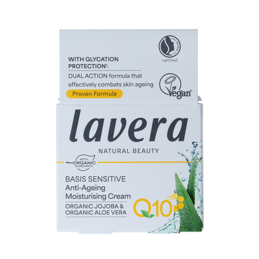 Lavera Basis Sensitive Q10 moisturising cream in a 50ml jar, suitable for facial skincare with natural ingredients.