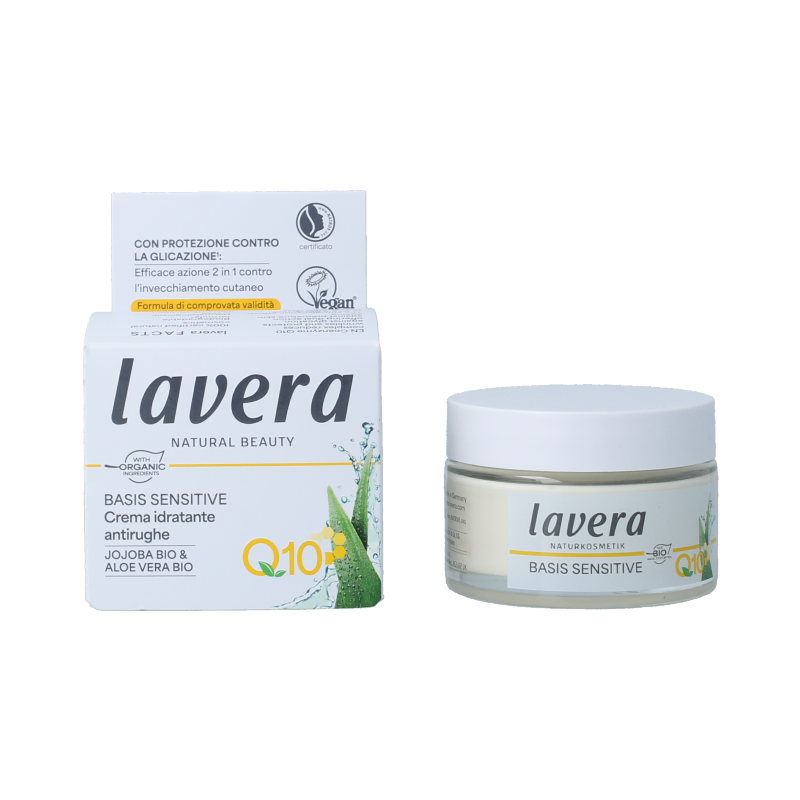 Lavera Basis Sensitive Q10 moisturizing face cream in 50ml jar, smooth texture suitable for sensitive skin.