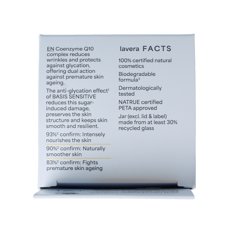 Lavera Basis Sensitive Q10 moisturizing face cream in a 50ml jar, designed for sensitive skin and facial skincare.