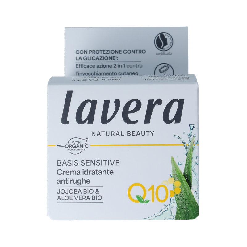 Lavera Basis Sensitive Q10 moisturizing cream in 50ml jar, gentle facial skincare for sensitive skin, with natural ingredients.
