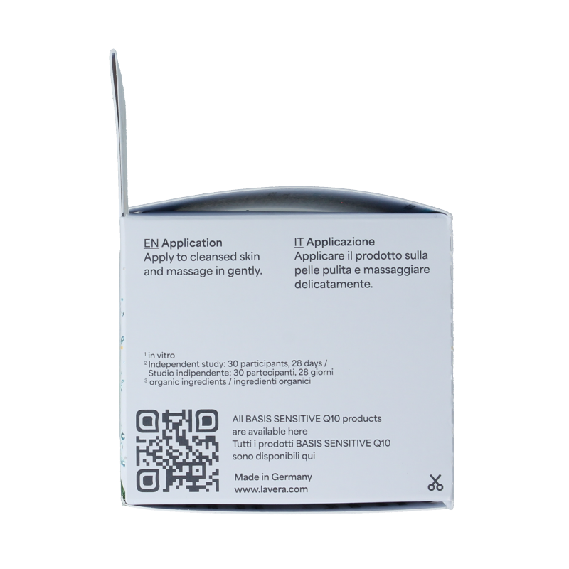 Lavera Basis Sensitive Q10 moisturizing face cream in a 50ml jar, gentle skincare for sensitive skin with natural ingredients.