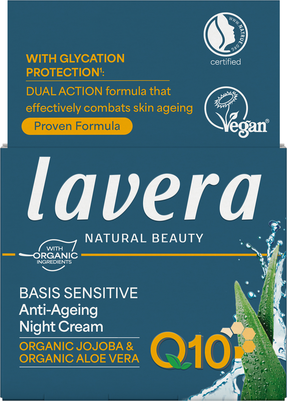 Lavera Basis Sensitive Q10 night cream in 50ml jar, gentle facial skincare product with natural ingredients and soothing formula.