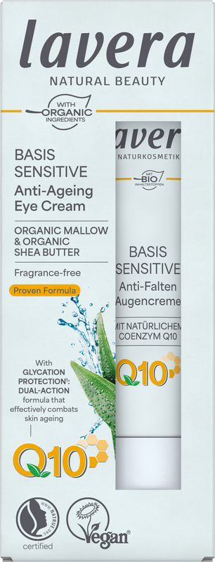 Lavera Basis Sensitive Q10 eye cream in a 15ml jar, designed for gentle eye care and reducing signs of aging.