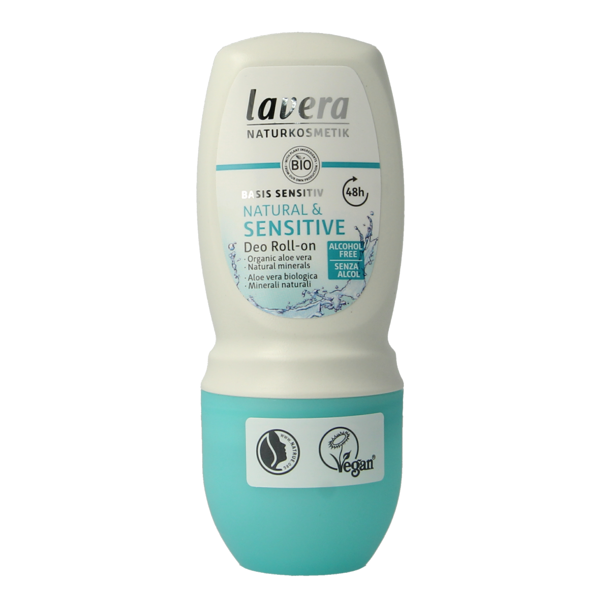 Lavera Deodorant roll-on basis sensitiv 50ml, clear container with white cap and transparent liquid inside