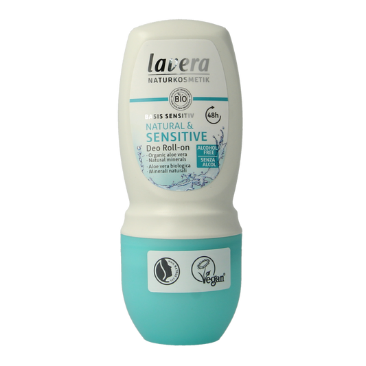 Lavera Deodorant roll-on basis sensitiv 50ml, clear container with white cap and transparent liquid inside