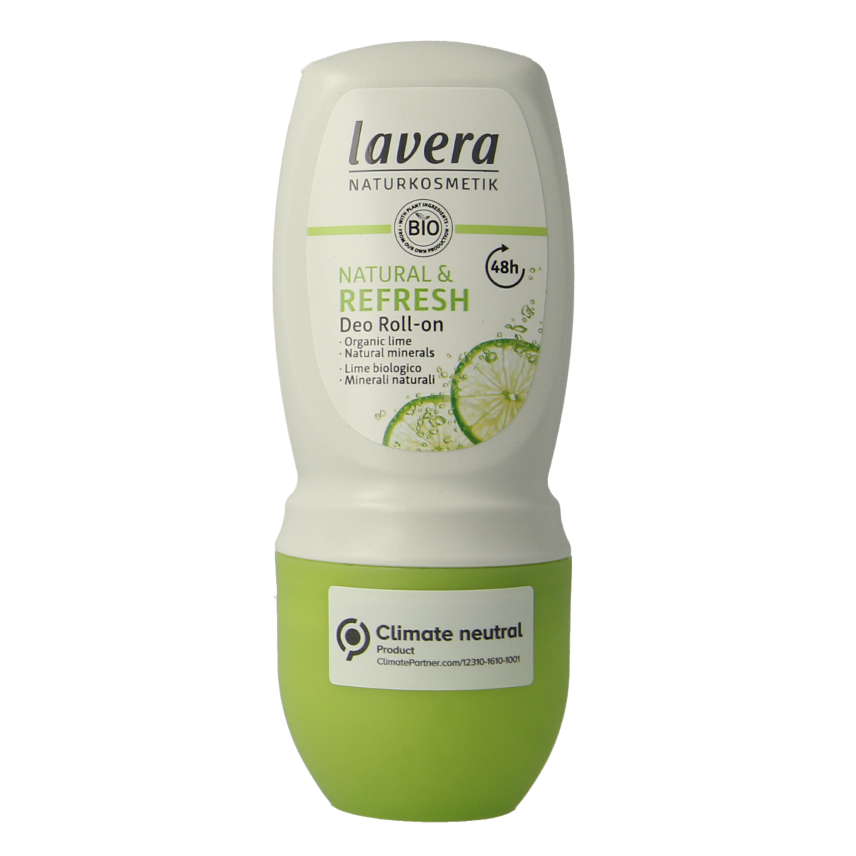 Lavera natural & refresh deodorant roll-on in 50ml bottle, featuring clear roll-on applicator and fresh scent.
