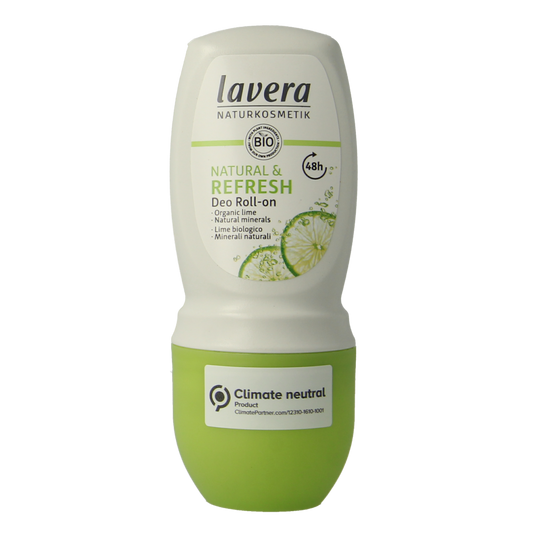 Lavera natural & refresh deodorant roll-on in 50ml bottle, featuring clear roll-on applicator and fresh scent.