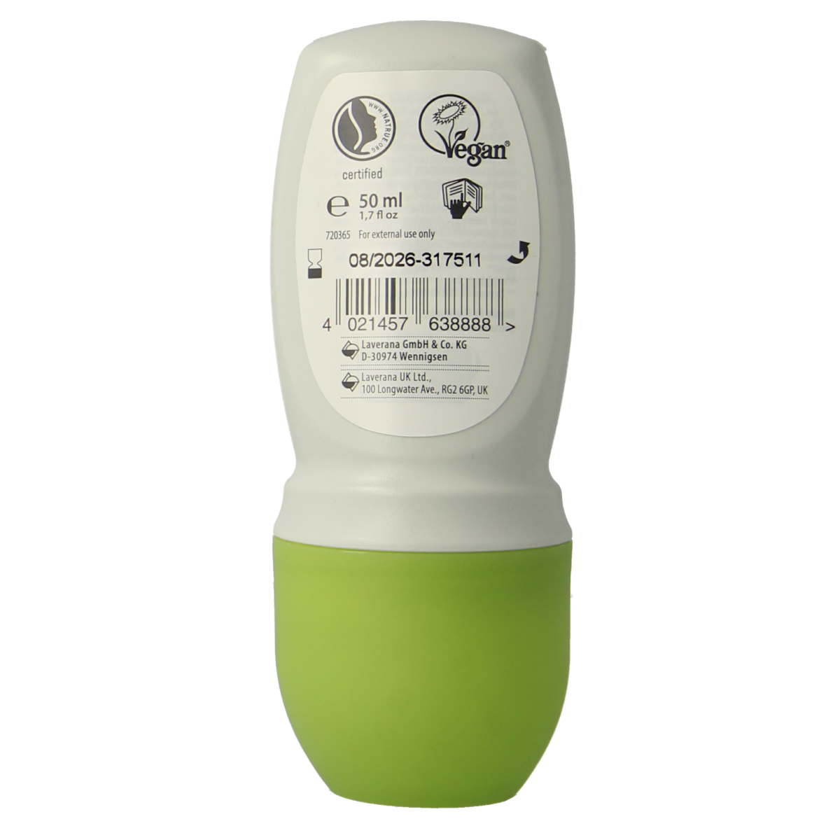 Lavera natural & refresh deodorant roll-on in 50ml bottle, gentle deodorant for everyday freshness.