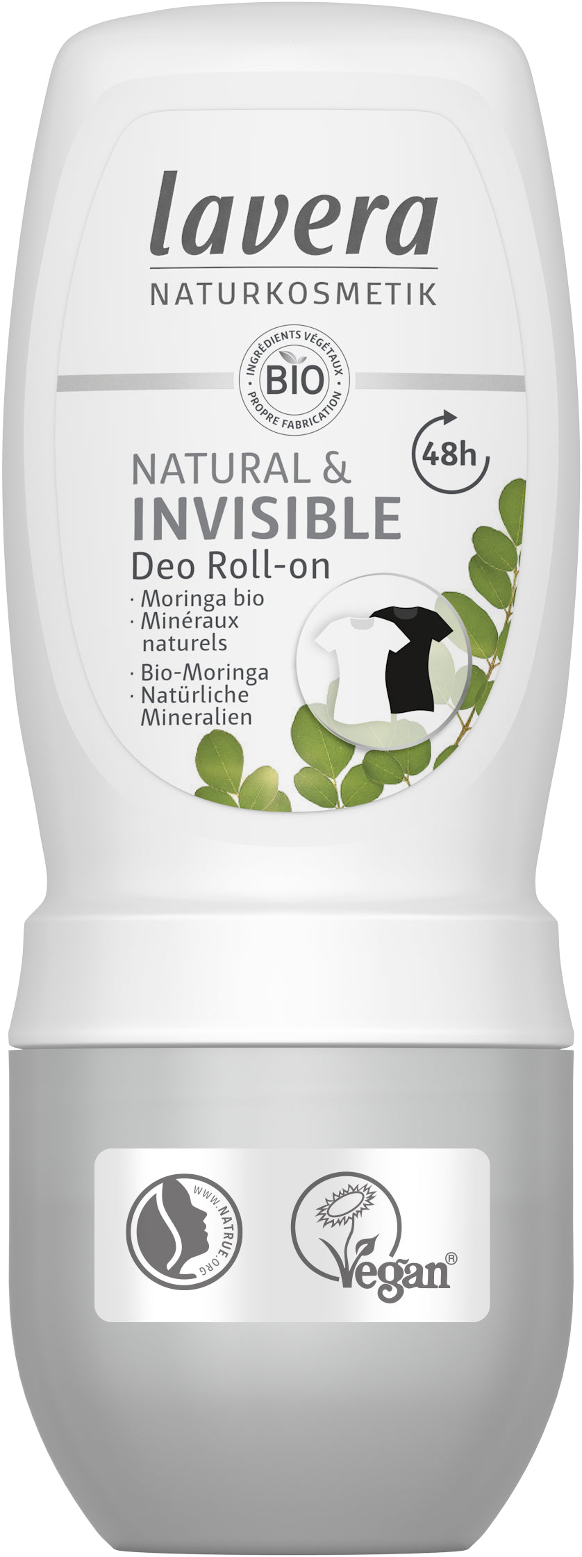 Lavera natural and invisible deodorant roll-on in 50ml bottle, featuring bio ingredients and smooth application on skin.