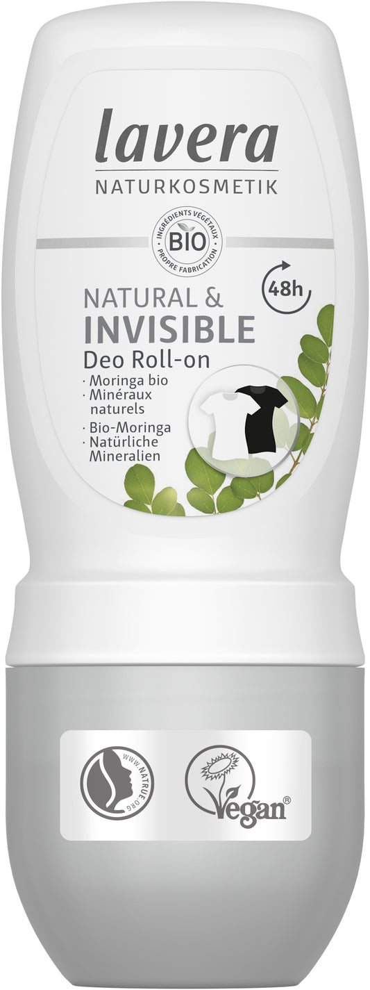 Lavera natural and invisible deodorant roll-on in 50ml bottle, featuring bio ingredients and smooth application on skin.