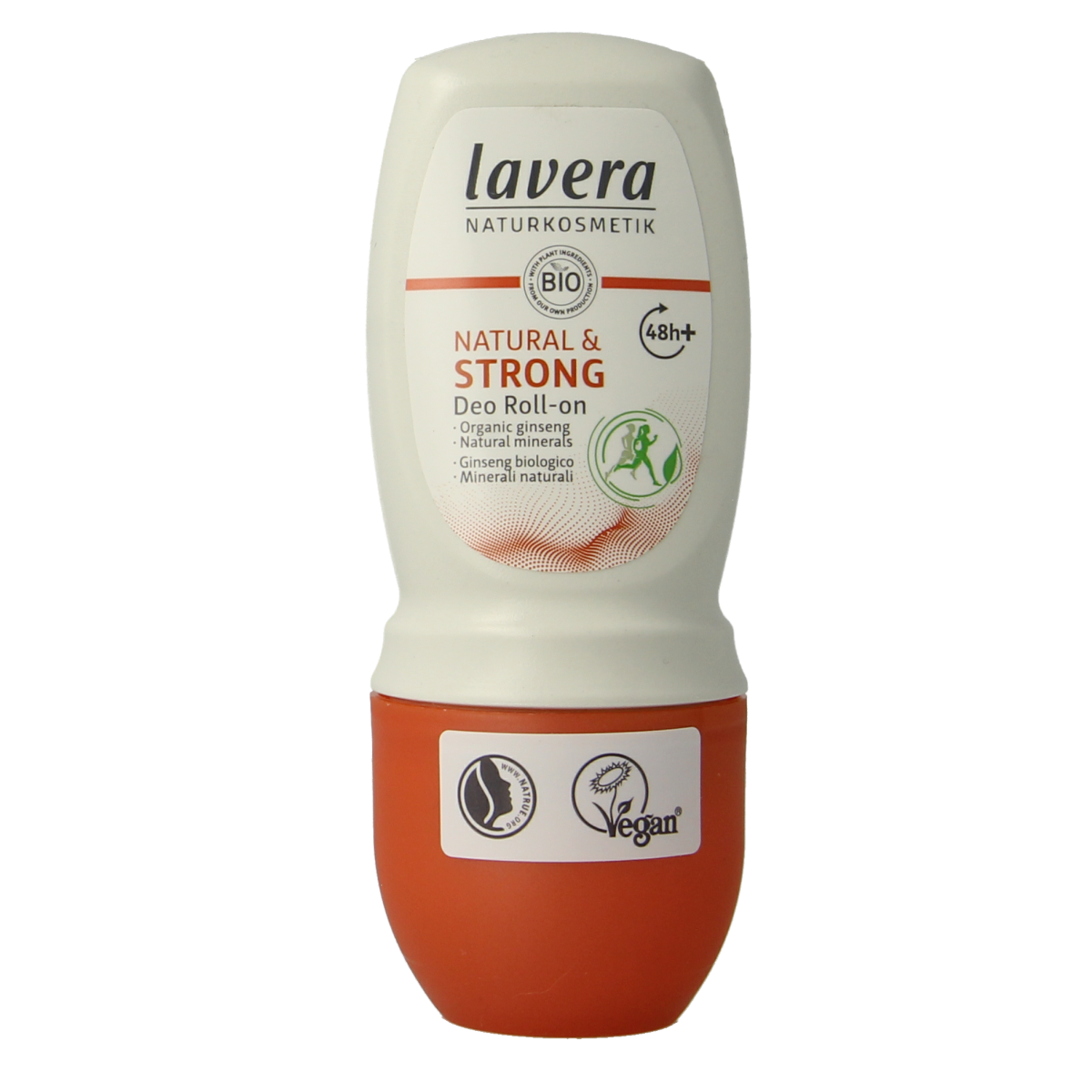 Lavera natural and strong bio deodorant roll-on in 50ml bottle, showing the deodorant applicator and packaging.