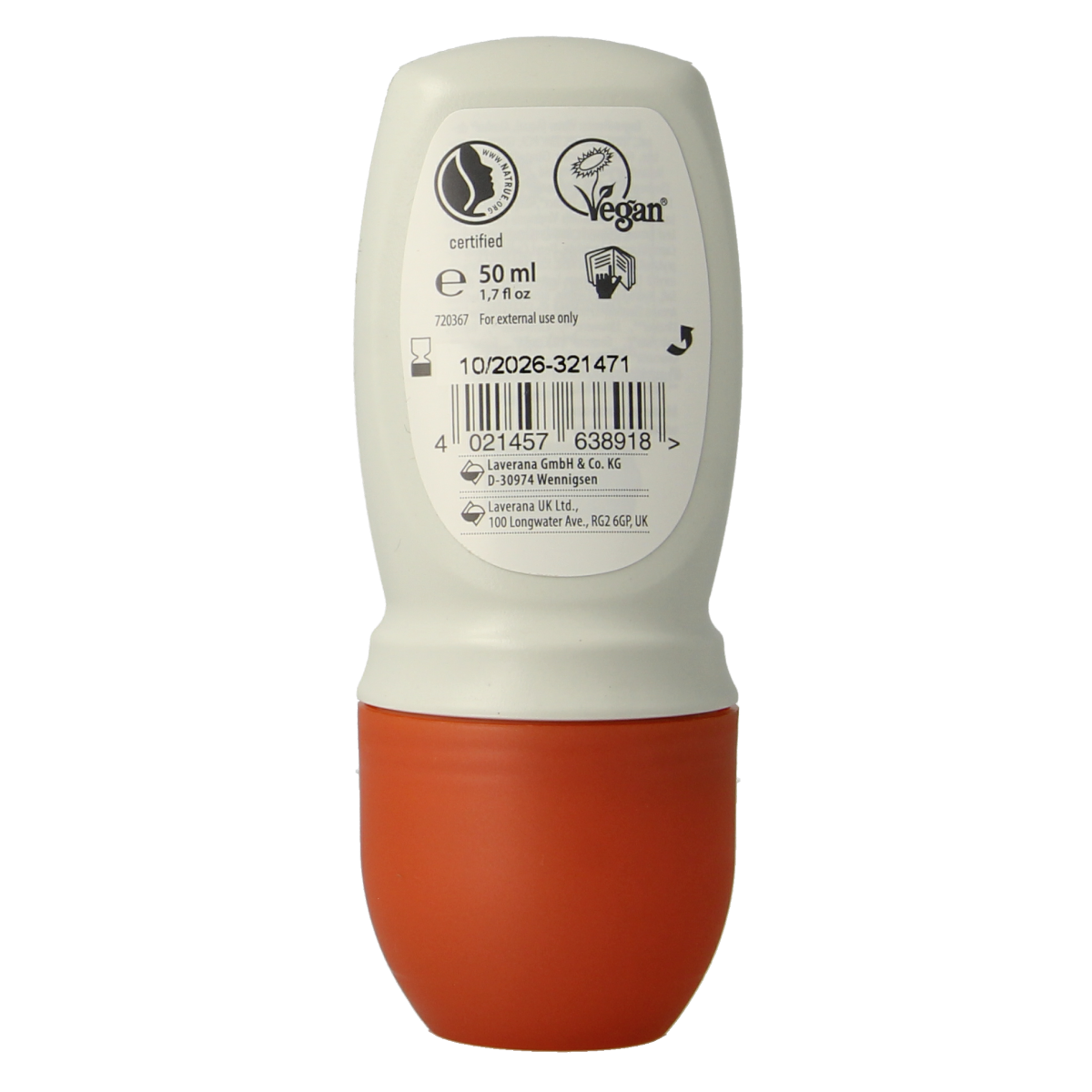 Lavera natural and strong bio deodorant roll-on in 50ml bottle, featuring plant-based ingredients and clear applicator ball.