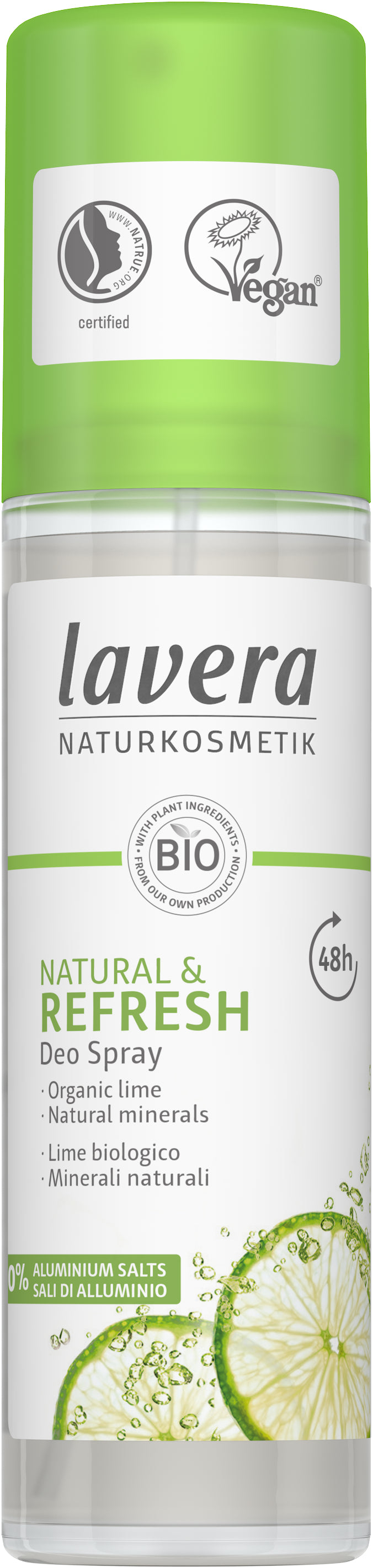 Lavera natural & refresh deodorant spray in 75ml bottle with white label and spray nozzle, designed for fresh, natural deodorant application.