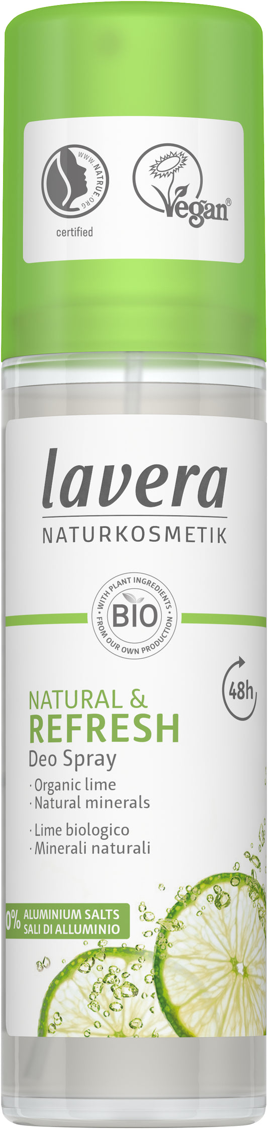 Lavera natural & refresh deodorant spray in 75ml bottle with white label and spray nozzle, designed for fresh, natural deodorant application.