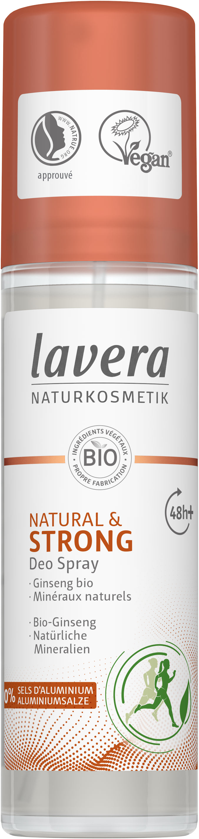 Lavera natural and strong bio deodorant spray in 75ml, featuring a sleek bottle with a spray nozzle and minimalist design.