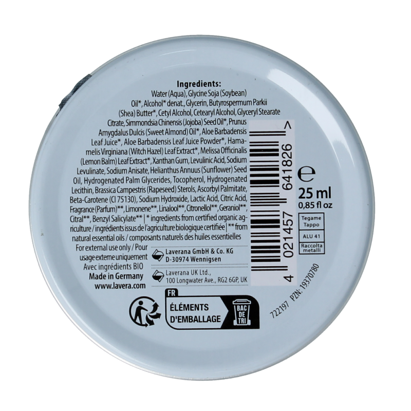 Mini 25ml Lavera Basis Sensitive all-round cream for body care, featuring natural ingredients in a bio formulation.