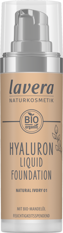 Lavera Hyaluron liquid foundation in natural ivory 01, makeup product with a 30ml bottle, featuring a sleek packaging design