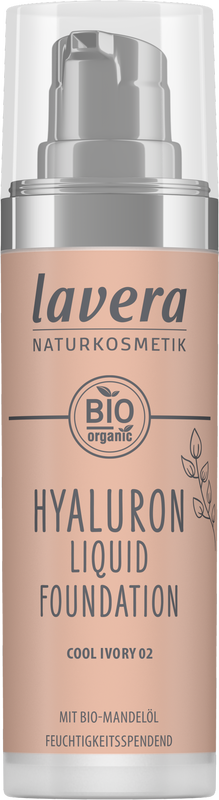 Lavera Hyaluron liquid foundation in cool ivory 02, a natural make-up with hydrating hyaluronic acid, 30ml bottle.