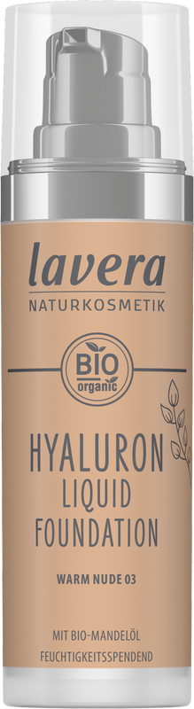 Lavera Hyaluron liquid foundation in warm nude 03, 30ml, showing the makeup bottle with a beige cap and product label.