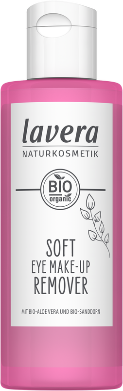 Lavera Soft eye makeup remover bio in a 100ml bottle, gentle for sensitive eyes, with clear liquid visible in the image.