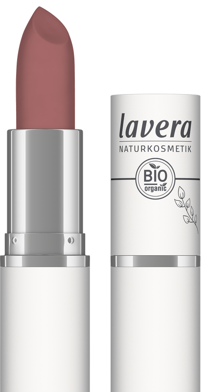 Lavera Velvet Matt Tea Rose lipstick in 4.5g, with a smooth, matte finish and natural tea rose shade in a make-up product image.