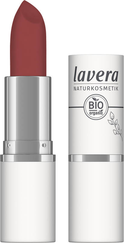 Lavera Velvet Matt Lipstick in vivid red 04, 4.5g, featuring a smooth, matte finish on a lipstick tube.
