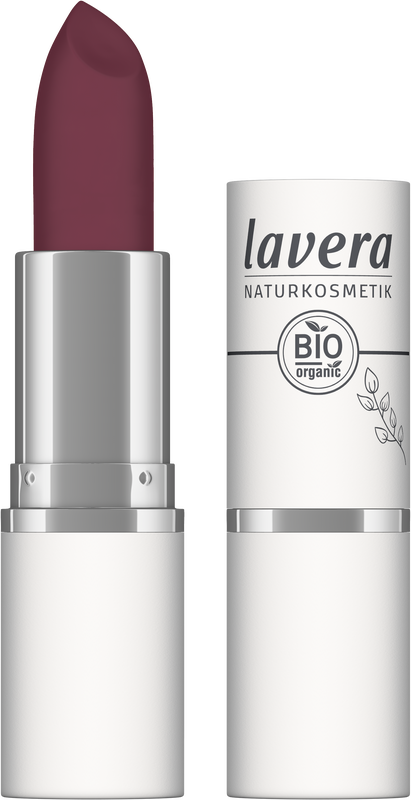 Lavera Velvet Matt Lipstick in Royal Cassis 06, 4.5g, showcasing deep purple lipstick with sleek black packaging.