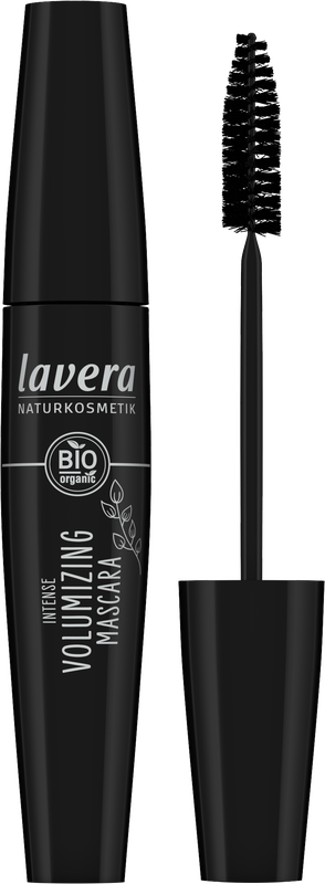 Lavera intense volumizing black mascara in 13ml tube, natural make-up product with bold lash enhancement